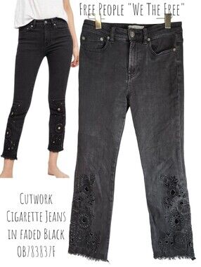 Free People We The Free Women's Cutwork Cigarette Jeans Faded Black Denim 26